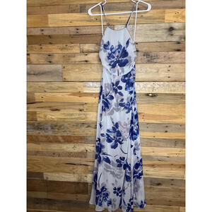 Lulus Dress Women's Floral Print Lace-Up Maxi Gray Blue Small Wedding